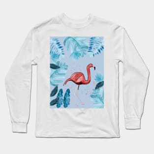 Flamingo with tropical leaves and a violet background Long Sleeve T-Shirt